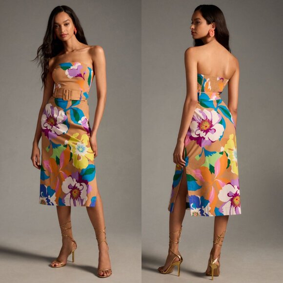 Anthropologie Maeve Floral Strapless Belted Midi Dress - Picture 3 of 10